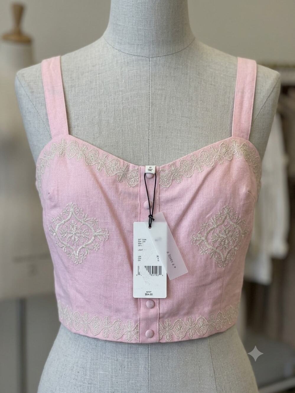 Charming Pink Embroidered Linen Blend Smocked Tank Top XL